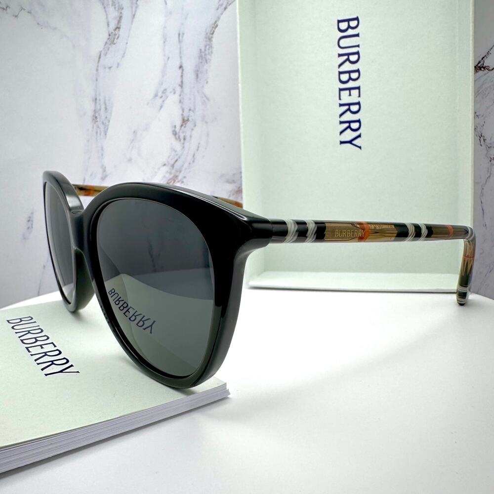 New Burberry Sunglasses Black Front Round Pantos Frame Checkered Arms Gray Lens - Picture 9 of 16